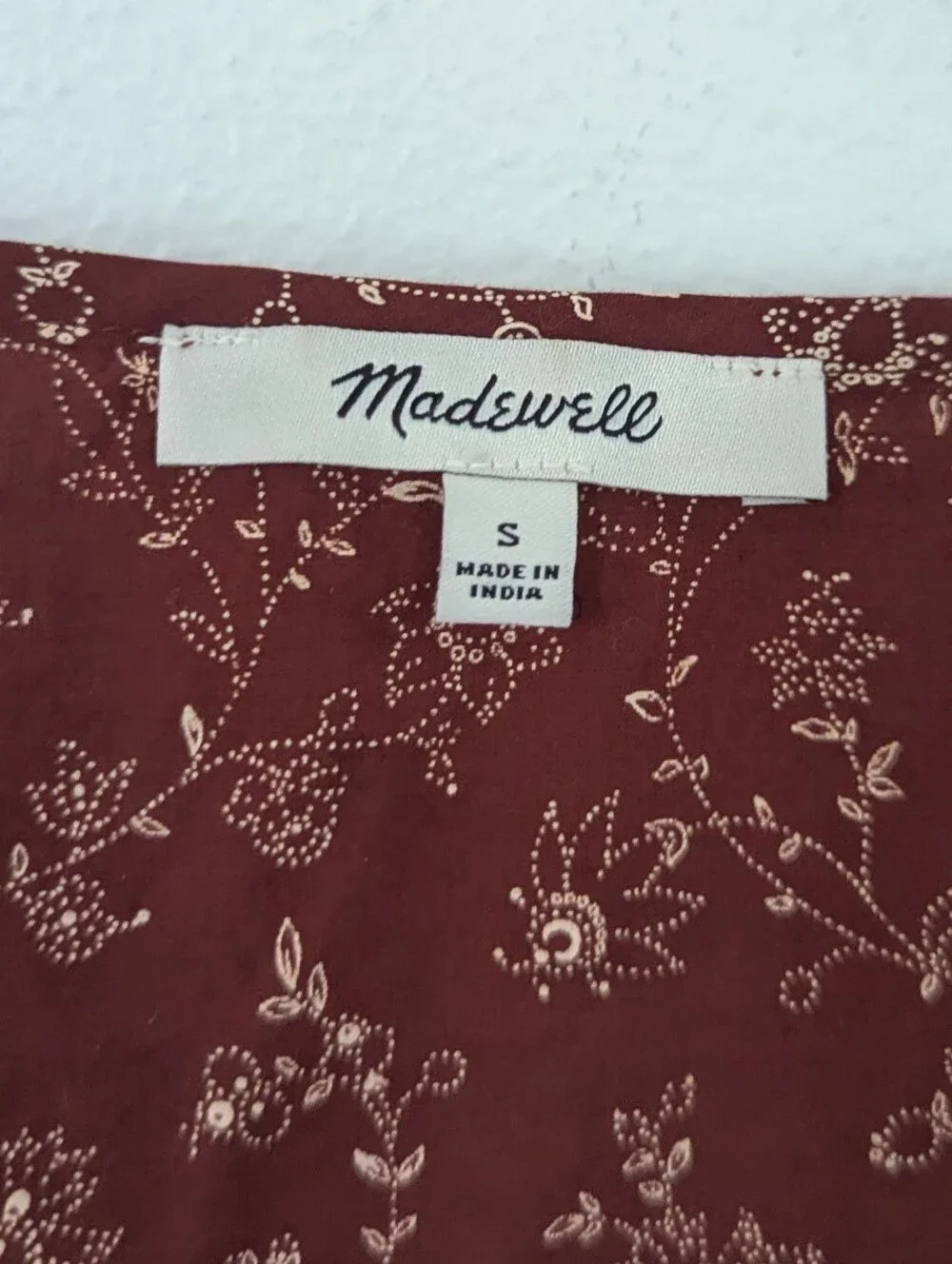Madewell V Neck Puff Sleeve Floral Print Blouse Woven Burgundy Beige Small S
